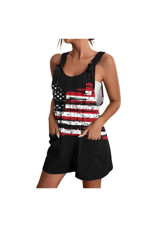 Independence Day Plus Size Loose Patriotic Jumpsuits Short Overalls with Pocket Star and Stripe Summer Going Out Rompers
