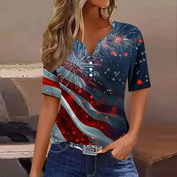 Cavosen Independence Day Shirts Women Petite 4th of July 3/4 Sleeve V-Neck Tops USA Star Striped Print T Shirts Lady S Red White and Blue Casual Shirts Patriotic Tunic Tees 2025 Patriotic Outfits
