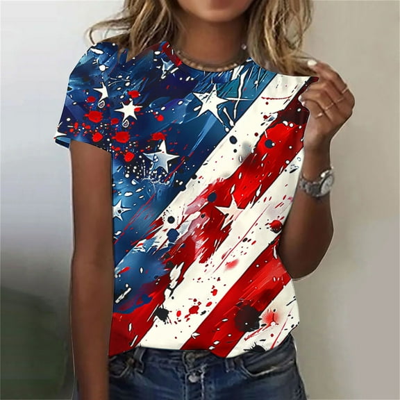 Cavosen Independence Day Shirts Women Petite 4th of July Short Sleeve Round Neck Shirts USA Star Striped Print Shirts Lady L Red White and Blue Casual Tops Patriotic Tunic Tees Patriotic Blouses
