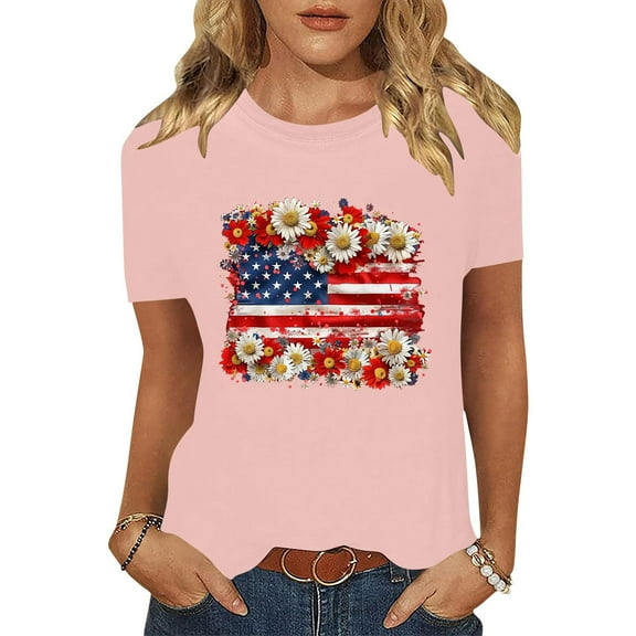 Cavosen Independence Day Shirts Women Petite 4th of July Short Sleeve Round Neck Shirts USA Star Striped Print Shirts Lady M Red White and Blue Casual Tops Patriotic Tunic Tees Patriotic Blouses