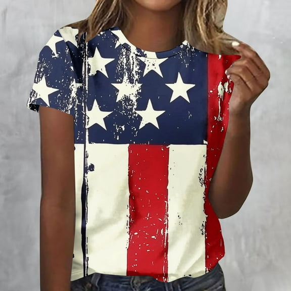 Cavosen Independence Day Shirts Women Petite 4th of July Short Sleeve Round Neck Tops USA Flag Print T Shirts Lady L Red White and Blue Casual Tops Funny Patriotic Tunic Tees 2025 Patriotic Clothes