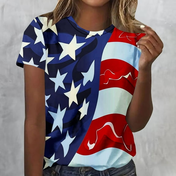 Cavosen Independence Day Shirts Women Petite Independence Day Short Sleeve Crewneck T Shirts USA Star Striped Graphic Tops Lady XL 4th of July Casual T Shirts Red White and Blue Tunic Tees