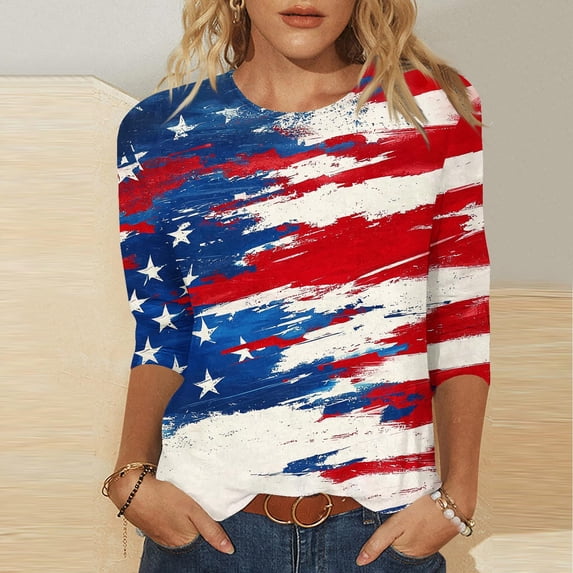 Cavosen Independence Day Shirts Women Patriotic 3/4 Sleeve Crewneck Tops American Flag Print T Shirts Lady S Independence Day Casual Shirts Funny 4th of July Tunic Tees 2025 Patriotic Outfits