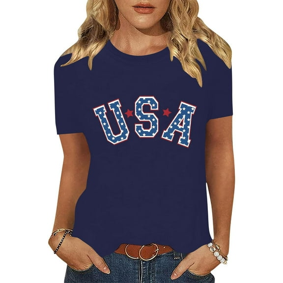 Cavosen Independence Day Shirts Women Petite Patriotic Short Sleeve Round Neck Shirts American Flag Print Shirts Lady M Independence Day Casual Tops 4th of July Tunic Tees 2025 Patriotic Blouses