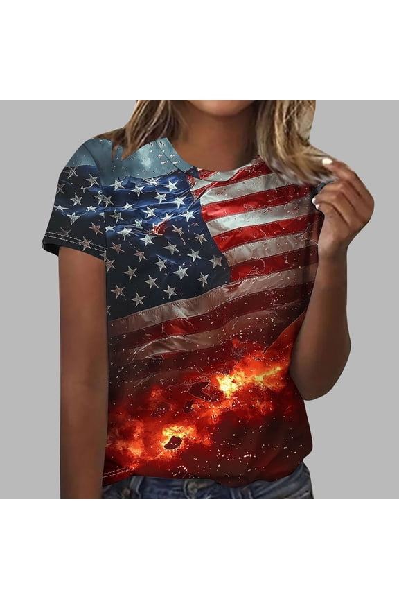 Independence Day Shirts Women Petite Patriotic Short Sleeve Round Neck Shirts USA Star Striped Print Shirts Lady S Independence Day Casual Tops 4th of July Tunic Tees 2025 Patriotic Blouses