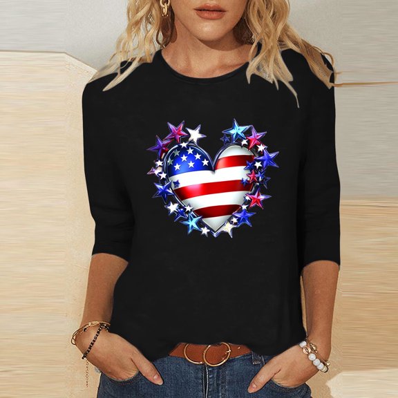 Cavosen Independence Day Shirts Women Petite Red White and Blue 3/4 Sleeve Round Neck T Shirts American Flag Graphic Shirts Lady XL Patriotic Casual Shirts Independence Day Tunic Tees