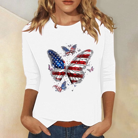 Cavosen Independence Day Shirts Women Petite Red White and Blue 3/4 Sleeve Round Neck T Shirts American Flag Graphic Tops Lady S Patriotic Casual T Shirts Independence Day Tunic Tees
