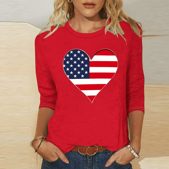 Cavosen Independence Day T Shirt Women Petite Red White and Blue 3/4 Sleeve Crewneck T Shirts USA Star Striped Graphic Tops Lady S Patriotic Casual T Shirts Independence Day Tunic Tees