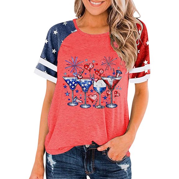Cavosen Independence Day T Shirt Women Petite Red White and Blue Short Sleeve Crew Neck T Shirts USA Star Striped Graphic Shirts Lady L Patriotic Casual Shirts Independence Day Tunic Tees