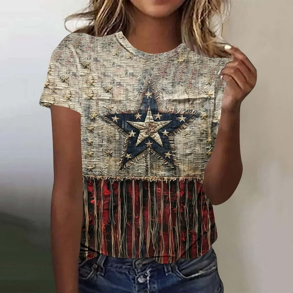 Cavosen Independence Day T Shirt Women Petite Red White and Blue Short Sleeve Crewneck T Shirts USA Star Striped Graphic Tops Lady S Patriotic Casual T Shirts Independence Day Tunic Tees