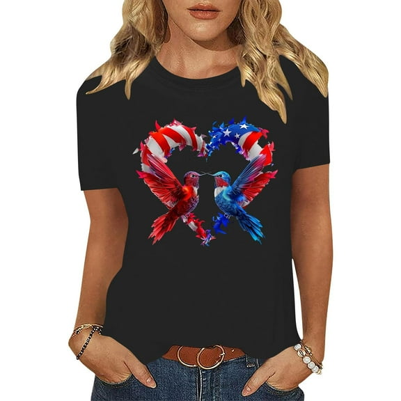 Cavosen Independence Day T Shirt Women Petite Red White and Blue Short Sleeve Round Neck T Shirts USA Star Striped Graphic Tops Lady L Patriotic Casual T Shirts Independence Day Tunic Tees