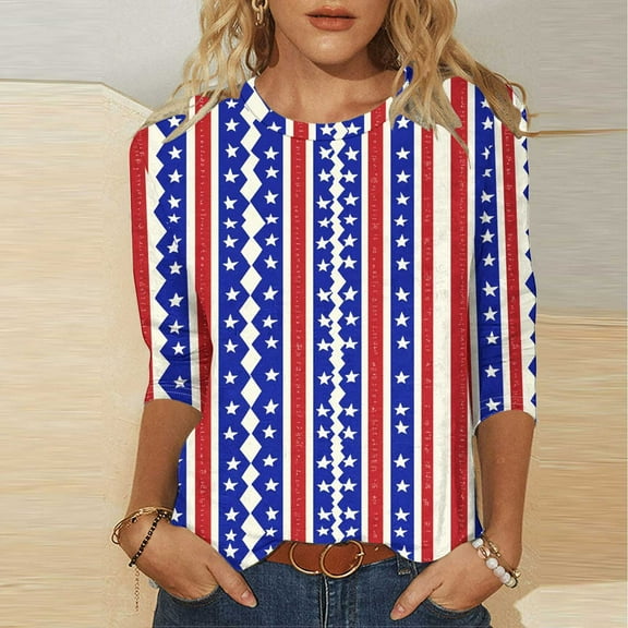 Cavosen Independence Day T Shirt Women Plus Size 4th of July 3/4 Sleeve Round Neck Tops USA Star Striped Print T Shirts Lady 2X Red White and Blue Casual Tops Patriotic Tunic Tees Patriotic Clothes