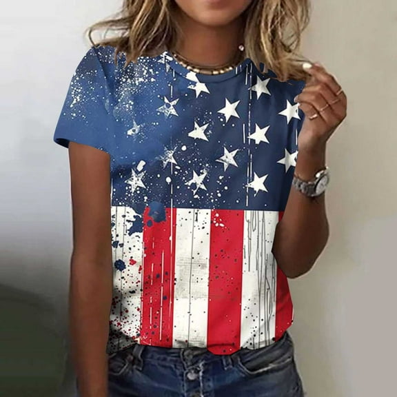 Cavosen Independence Day T Shirt Women Plus Size 4th of July Short Sleeve Crew Neck Tops American Flag Print T Shirts Lady 2X Red White and Blue Casual Tops Patriotic Tunic Tees Patriotic Clothes