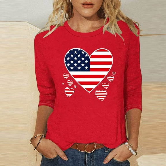 Cavosen Independence Day T Shirt Women Plus Size Independence Day 3/4 Sleeve Round Neck T Shirts USA Flag Graphic Shirts Lady 2X 4th of July Casual Shirts Red White and Blue Tunic Tees