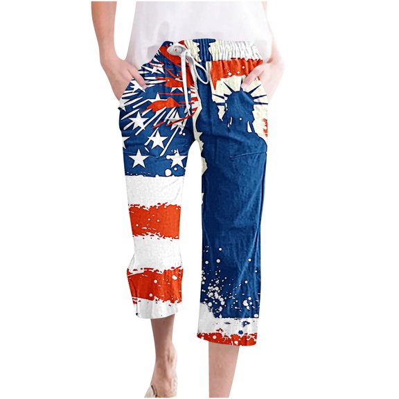 Cavosen Independence Day Womens Lounge Pants Straight Leg American Flag Capri Pants Elastic Waist Patriotic Sweatpants with Pockets Drawstring Baggy Summer Palazzo Trousers L