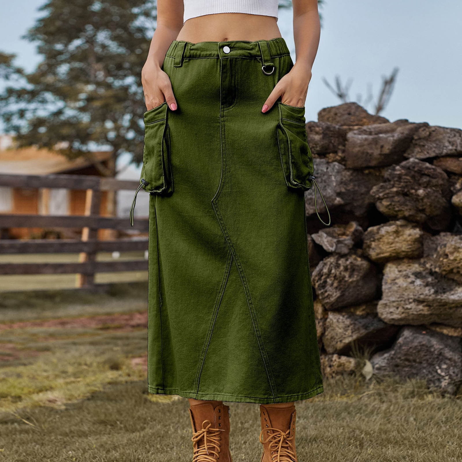 Cavosen Jean Skirts for Women Elastic Waist Midi Calf Length Cargo Skirts Denim Skirts Solid Color Summer Skirts Dress Button Side Pocket Athletic Beachwear Resortwear Green M
