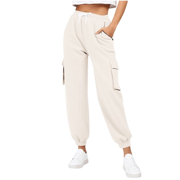 Cavosen Jogger Sweatpants for Women Trousers Solid Lightweight Elastic Waist Sweatpants Jogger Trendy Pants with Pocket Beige S