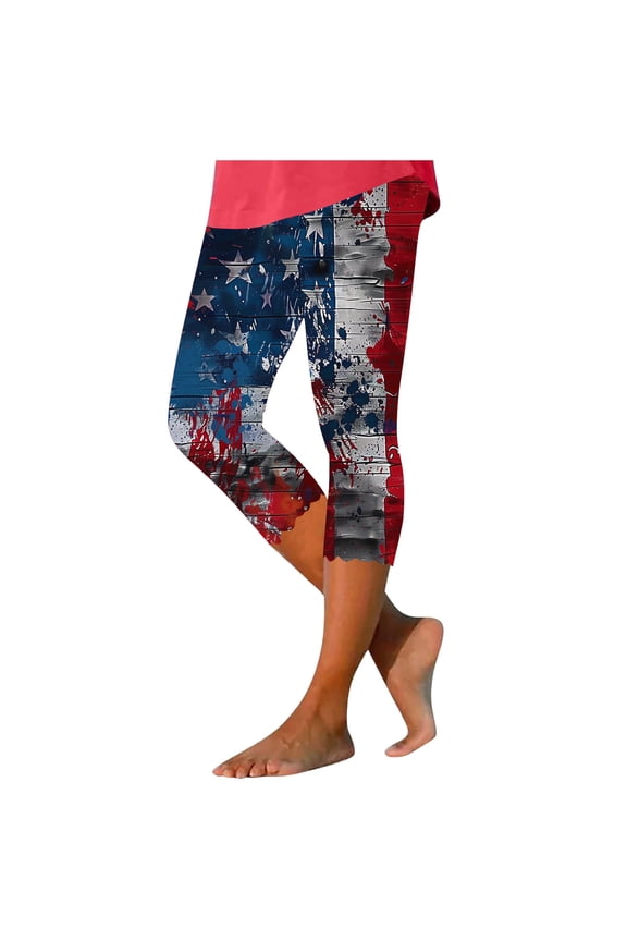 July 4th Women’s Capris High Waist Plus Size Capris Slim Pants Red White and Blue Print Lightweight Work Pants
