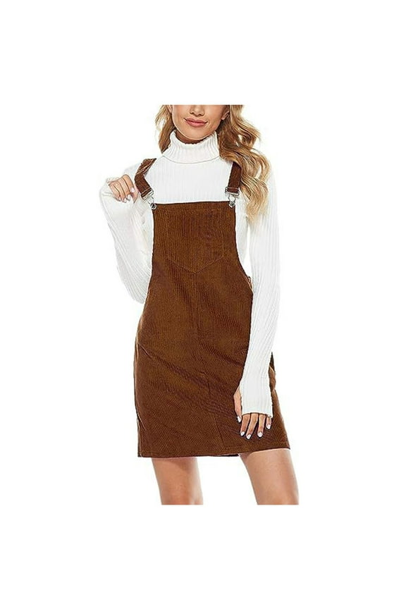 Jumper Dresses for Women Sleeveless Brown Jumper Dress Midi Fashion Zipper Buckle Adjustable Overall Dress Plain Dress Square Neck Dress with Pocket Vacation Clothes S