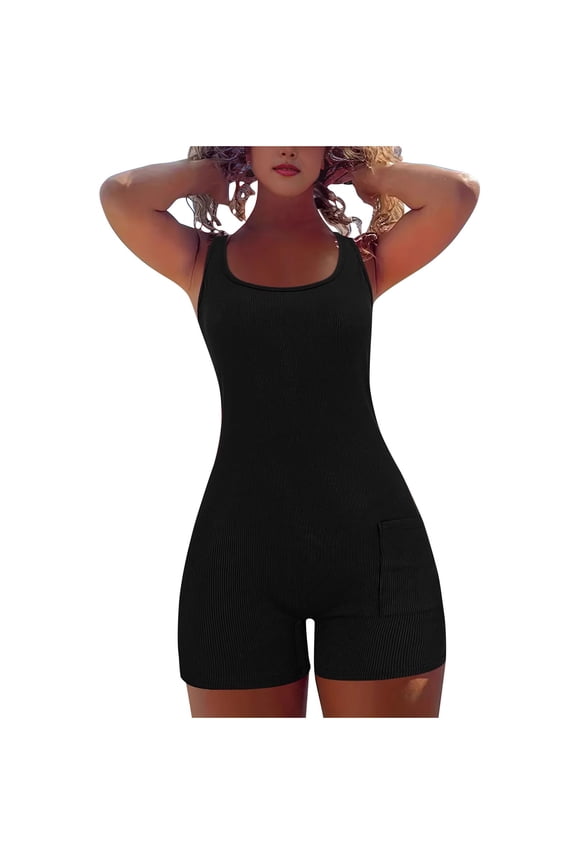 Jumpsuits for Women Dressy Loose Crew Neck Jumpsuits Short Overalls with Pocket Solid Summer Cute Rompers