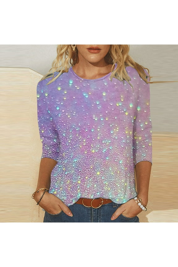 Ladies 3/4 Sleeve Tops Glitter Sparkly Print Pullover Blouse Crewneck Shiny Shirts Gradient Party Tshirts Trendy Casual Dressy Elegant Evening Tees Holiday Spring 3XL