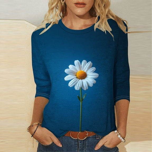 Cavosen Ladies Blouses 3/4 Sleeve Pullover Blouse Round Neck Daisy Print Flowy T-Shirts Vacation Tops Comfort Trendy Casual Shirts Going out Beach Tees Summer Clothes Blue XL