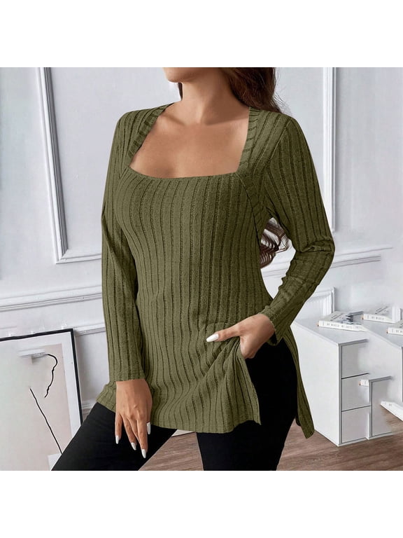 Ladies Blouses Long Sleeve Blouse Dressy Oversized Knitted Pullover Tops Tunic Square Neck Solid Soft Blouse Side Split Vacation T-Shirts Trendy Loose Shirts Athletic Green 5XL