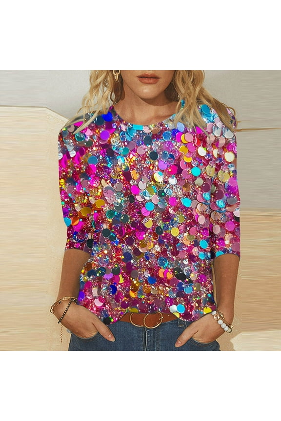 Ladies Tops 3/4 Sleeve Glitter Sparkly Print Pullover Blouse Crewneck Shiny Shirts Party Tshirts Novelty Casual Dressy Elegant Evening Tees Holiday Spring Clothes XL