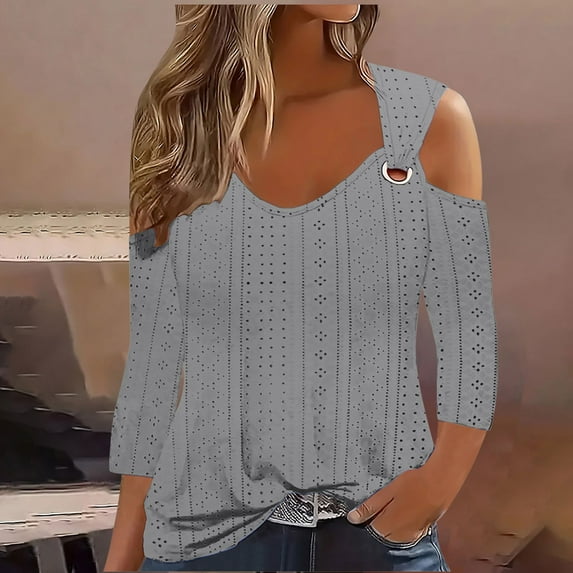 Cavosen Ladies Tops and Blouses 3/4 Sleeve Cold Shoulder Pullover Tops V-Neck Comfort Solid Color Shirts Dressy Flowy Loose Fit Blouse Eyelet Ring Tees Fashion Fall Gray L