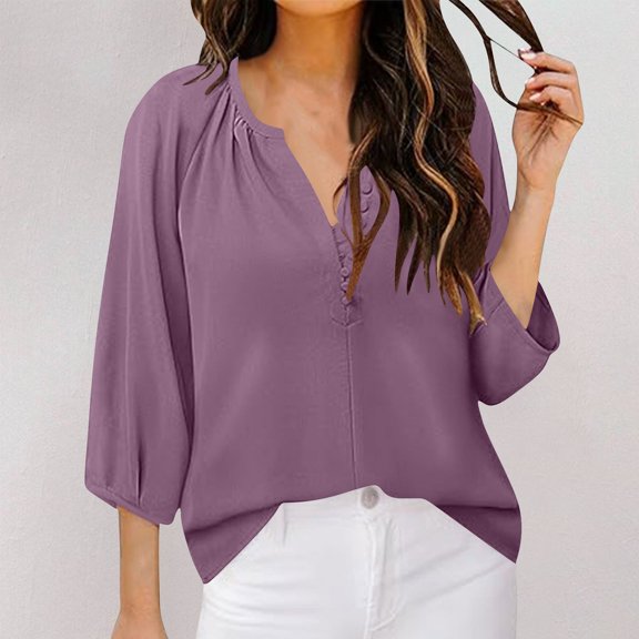 Cavosen Ladies Tops and Blouses 3/4 Sleeve V Neck Puff Sleeve Pullover T-Shirts Solid Button Front Soft Tops Elegant Vacation Blouse Fashion Loose Shirts Athletic Resort Tees Purple 2XL