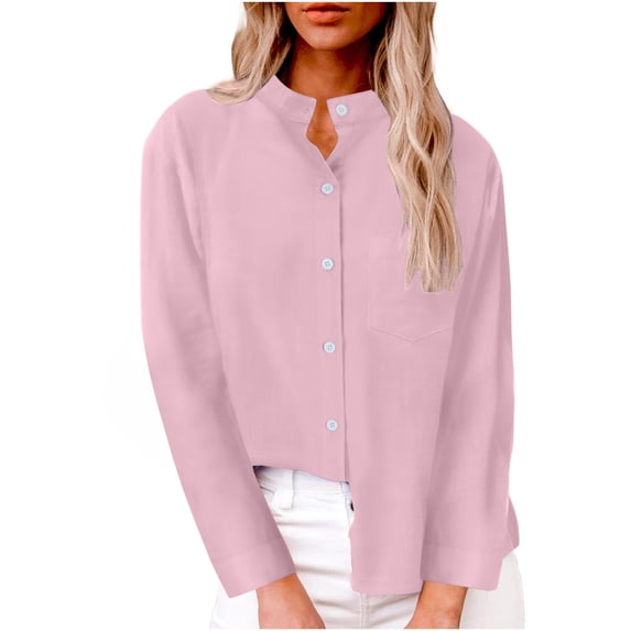 Cavosen Ladies Tops and Blouses Button up Long Sleeve Shirts Stand Neck Solid Color Blouse Dressy Flowy Loose Fit Tees Office Business Work Suit Cardigan Tops with Pocket Pink L