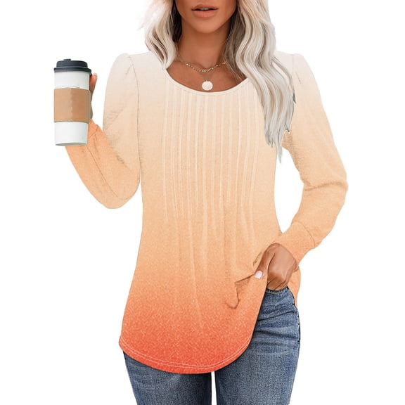 Cavosen Ladies Tops and Blouses Long Sleeve Pullover Tunic Tees Round Neck Casual Gradient Tops Dressy Flowy Loose Fit Shirts Ruched Pleated Blouse Fashion Lightweight Fall Orange L