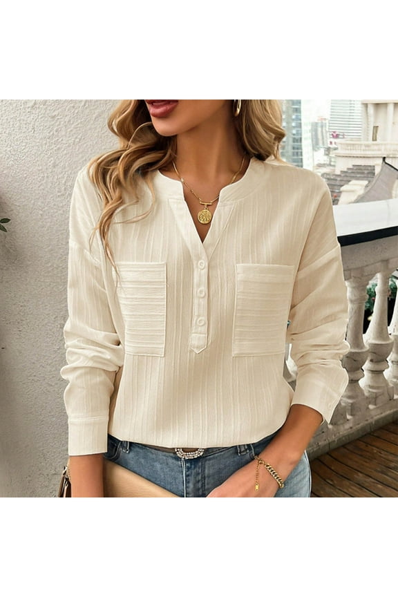 Ladies Tops and Blouses for Office Long Sleeve with Button Pullover Shirts V-Neck Plain Blouse Dressy Flowy Loose Fit Tees Business Tops with Pocket Novelty Beige M