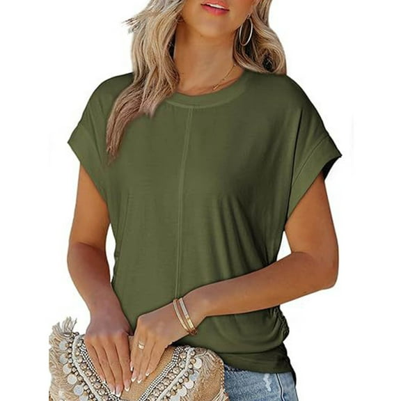 Cavosen Ladies Tops and Blouses Short Sleeve Summer Cap Sleeve Dressy T Shirts Pullover Tunic Round Neck Casual Loose Shirts Solid Trendy Tees Resort Vacation Blouse Green S