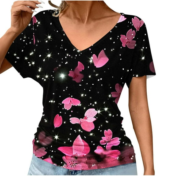 Cavosen Ladies Tops and Blouses Short Sleeve Summer Dolman Sleeve Ruched Dressy Blouse Pullover Tunic V Neck Casual Loose Tees Floral Print Fashion T Shirts Workout Shirts M