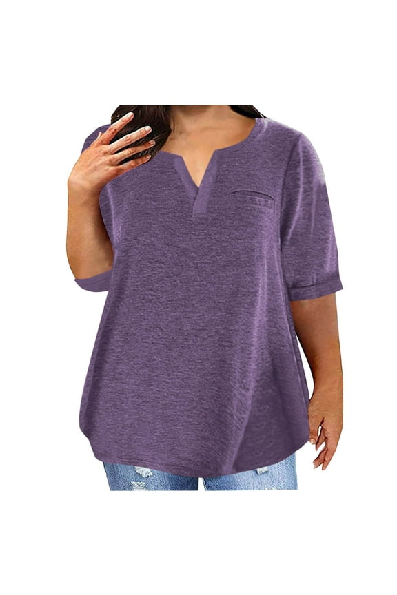Ladies Tops Half Sleeves Oversized Pullover Blouse Tunic V Neck Solid Curved Hem Soft Shirts Holiday T-Shirts Trendy Casual Tops Workout Beach Tees Summer Purple 2XL