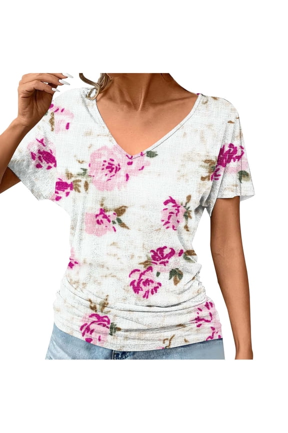 Ladies Tops Short Sleeve Dressy Summer Dolman Sleeve Ruched Shirts Pullover Tunic V Neck Casual Loose Tees Floral Print Fashion T Shirts Resort Workout Blouse 2XL