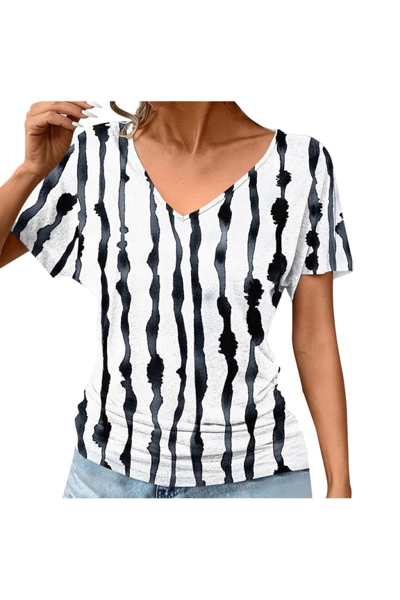 Ladies Tops Short Sleeve Dressy Summer Dolman Sleeve Ruched Tees Pullover Tunic V Neck Casual Loose Blouse Striped Trendy T Shirts Beach Resort Comfy Vacation Shirts S