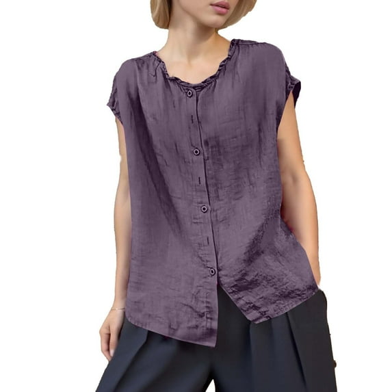 Cavosen Ladies Tops and Blouses Scalloped Linen Sleeveless Shirts Solid Lightweight Blouse Breathable Beach Tops