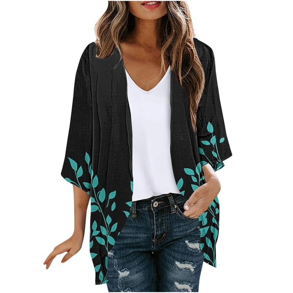 Cavosen Light Cardigans for Women Summer Elegant Lightweight Chiffon 3/4 Sleeve Open Front Cover Up Flowy Green Leaves Sun Protection Comfortable Tops
