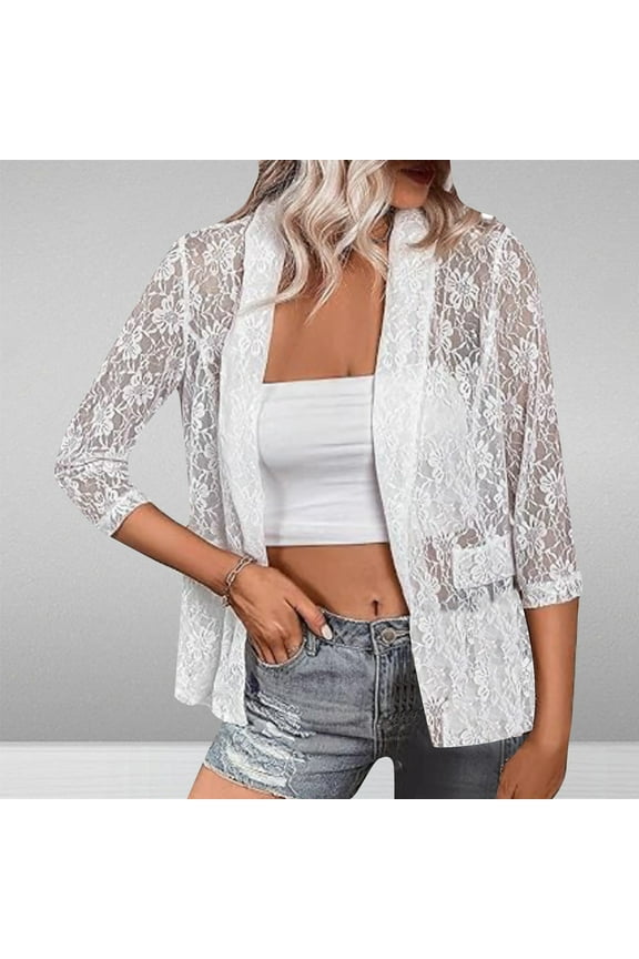 Lightweight Cardigans for Women Summer White Lace 3/4 Sleeve Open Front Cardigan Solid Color Duster Cover up Cheer Hollow Out Sweater Outwear Beach Kimonos Resortwear L