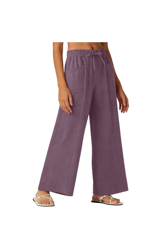 Lined Cargo Pants Women Wide Leg Palazzo Pants Drawstring Flowy Trousers Elastic Waist Summer Lightweight Vacation Pants with Pockets