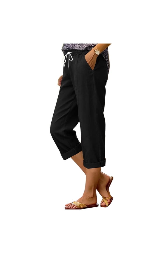 Lined Pants Women Cropped Pants Drawstring Flowy Trousers Elastic Waist Summer Breathable Vacation Pants with Pockets