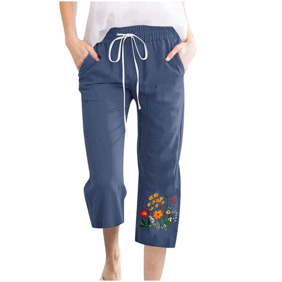 Cavosen Linen Capri Pants for Women Drawstring Elastic Waist Plus Size Capris Straight Leg Pants Print Lightweight Vacation Pants with Pockets