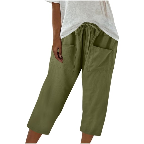 Cavosen Linen Capris Lined Elastic Waist Plus Size Capris Elastic Waist Pants Solid Lightweight Pants