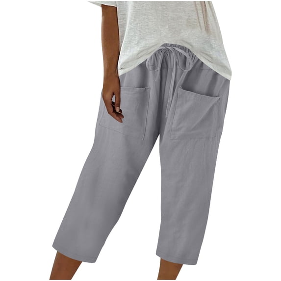 Cavosen Linen Capris Lined Elastic Waist Plus Size Capris Elastic Waist Pants Solid Lightweight Pants