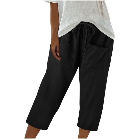 Cavosen Linen Capris Lined Elastic Waist Plus Size Capris Elastic Waist Pants Solid Lightweight Pants