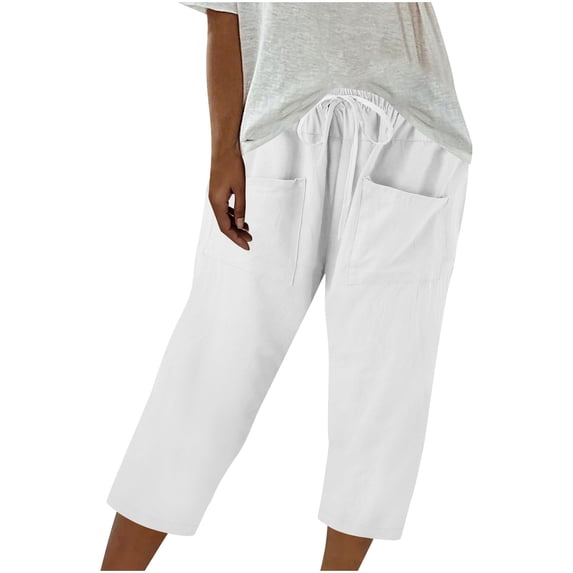 Cavosen Linen Capris Lined Elastic Waist Plus Size Capris Elastic Waist Pants Solid Lightweight Pants