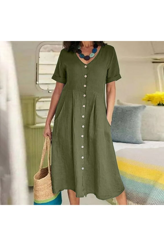 Linen Dress for Women Cotton Green Plus Size Short Sleeve Summer Shirt Dress Midi Loose Plain Cotton Linen Comfy Dresses V-Neck Dress Button Down Vacation Clothes 5XL