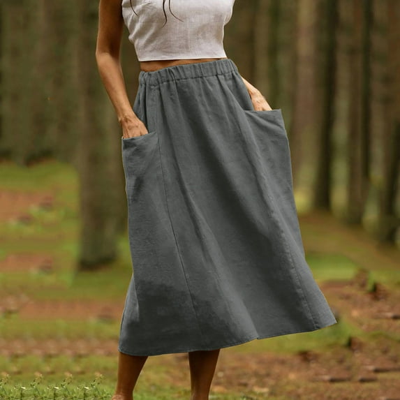 Cavosen Linen Skirts for Women Cotton Elastic Waist Solid Color Midi Skirts Elegant Lightweight Flowy Trendy Dressy Calf Length Skirts Work Comfort Fall Winter Clothes Gray